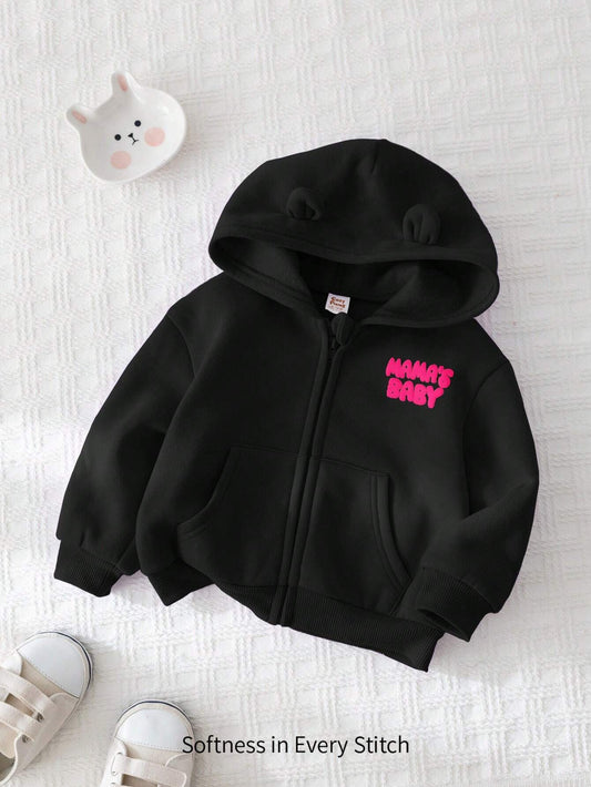 Baby Girl Letter Print Casual Hooded Zip-Up Jacket Black