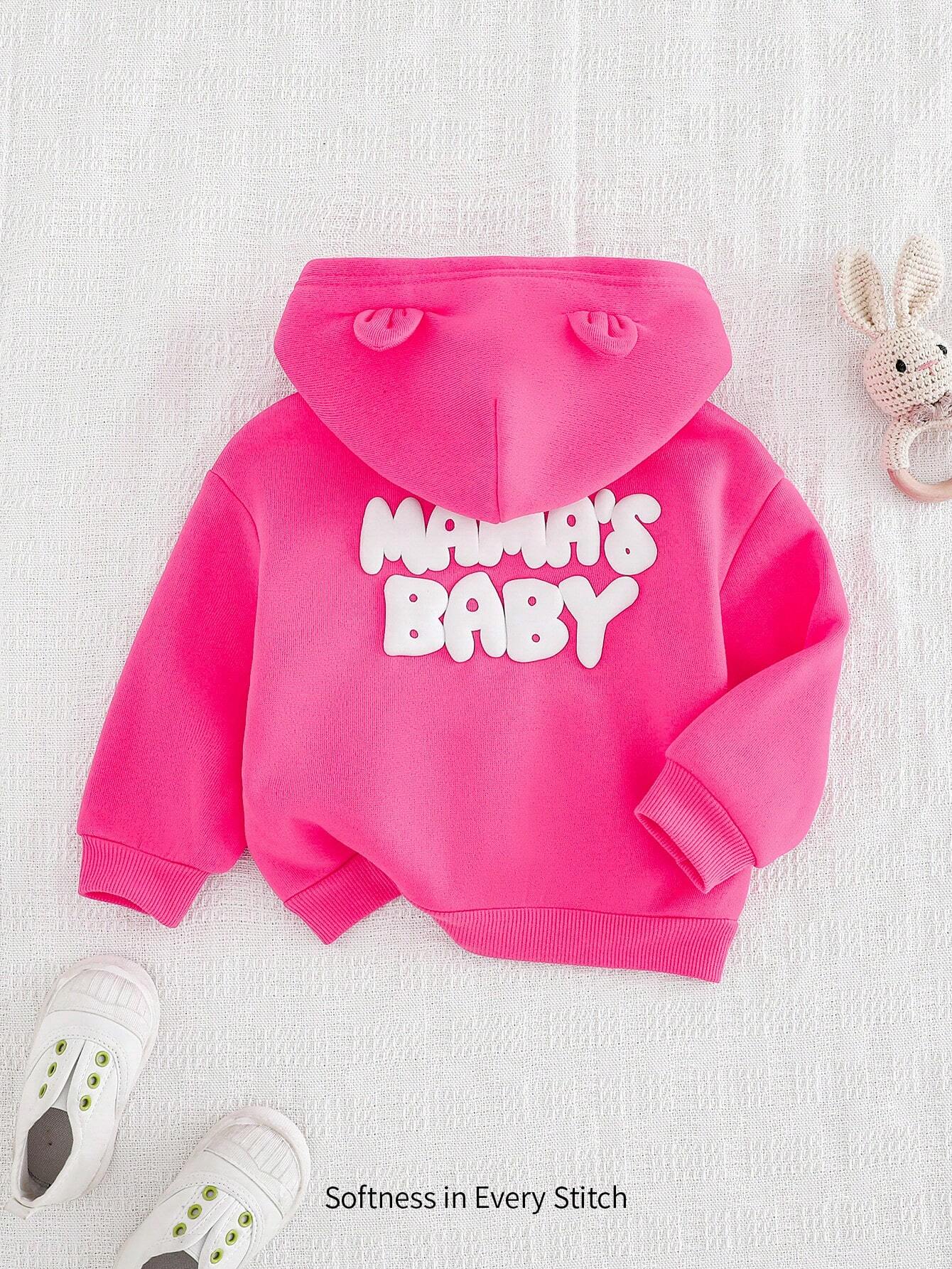 Baby Girl Letter Print Casual Hooded Zip-Up Jacket Hot Pink