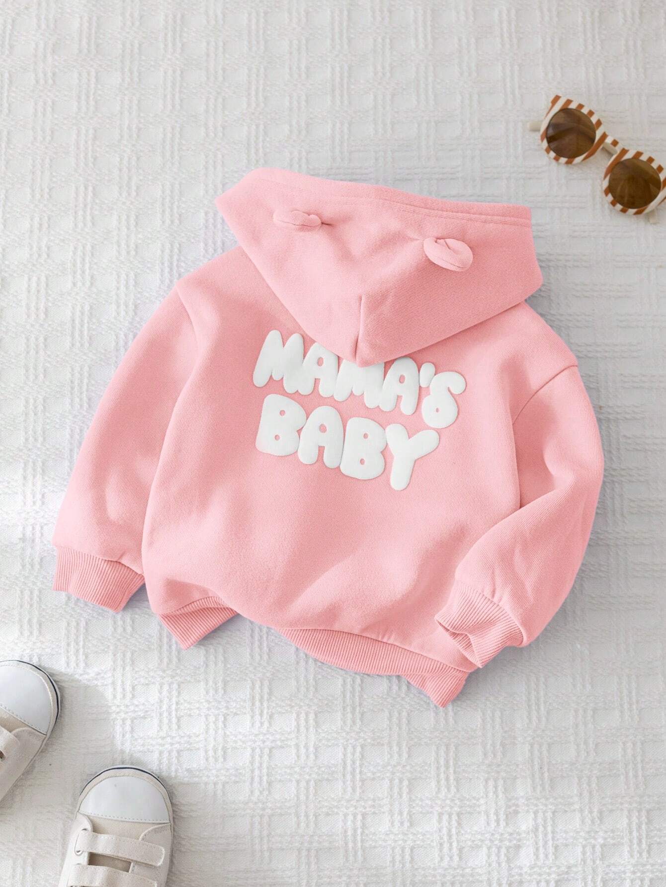Baby Girl Letter Print Casual Hooded Zip-Up Jacket Pink