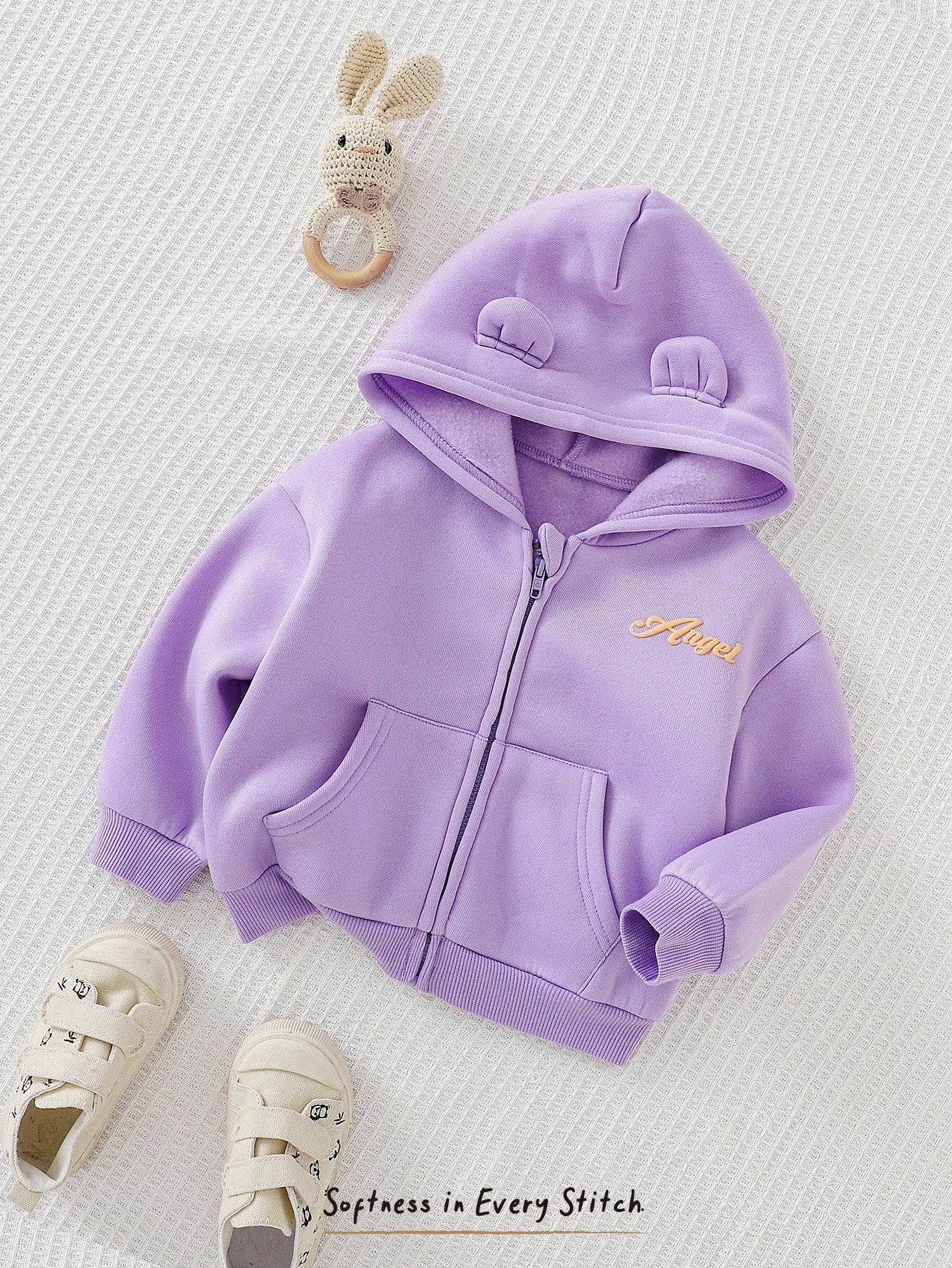 Baby Girl Letter Print Casual Hooded Zip-Up Jacket Purple