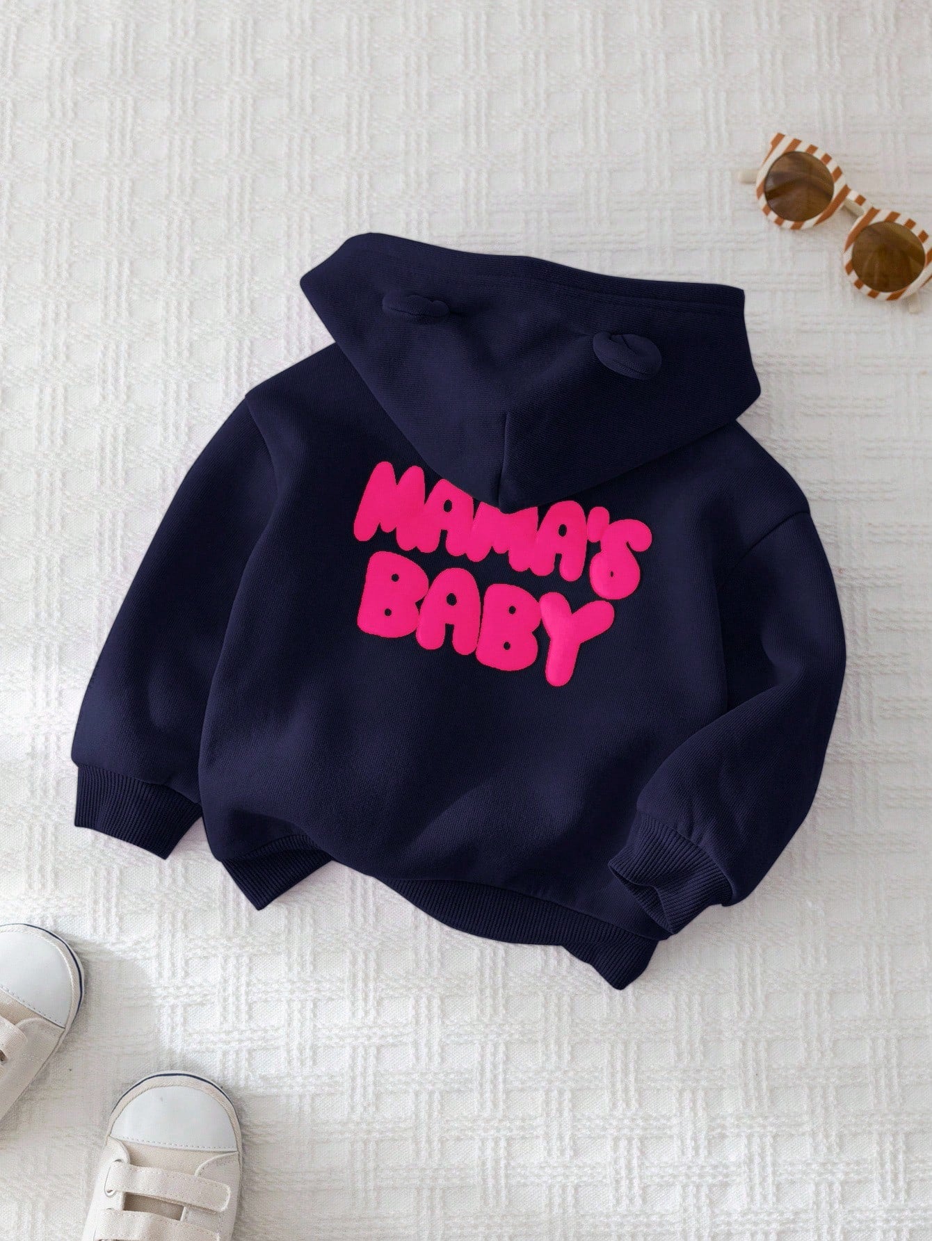 Baby Girl Letter Print Casual Hooded Zip-Up Jacket Navy Blue