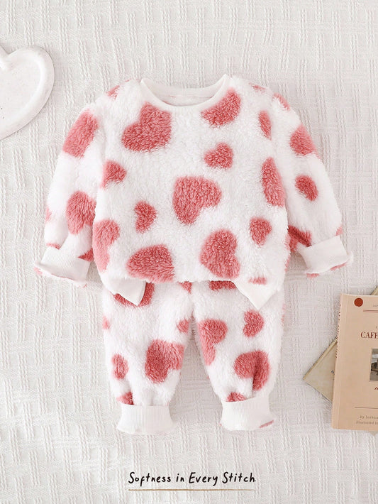 Baby Girl Round Neck Contrast Color Heart Pattern Plush Casual Loungewear Soft Baby Girl Pajamas-S