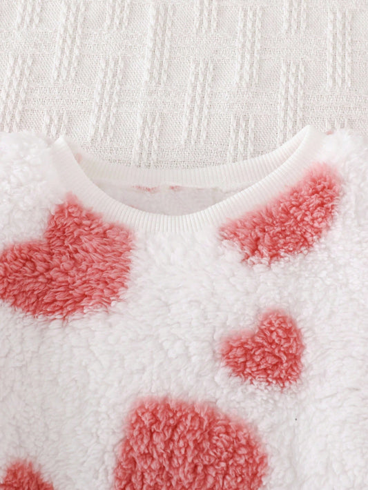 Baby Girl Round Neck Contrast Color Heart Pattern Plush Casual Loungewear Soft Baby Girl Pajamas-S