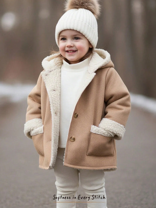 Baby Girl Suede Thermal Lined Contrast Color Long Sleeve Hooded Cardigan