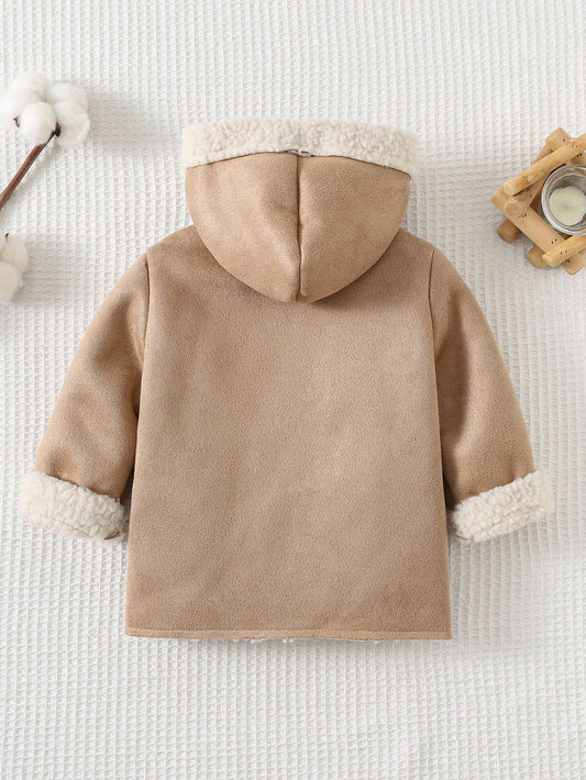 Baby Girl Suede Thermal Lined Contrast Color Long Sleeve Hooded Cardigan
