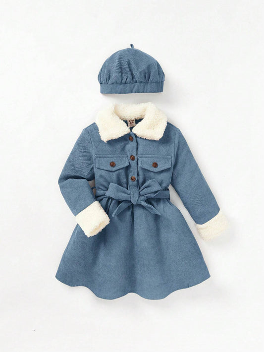 Baby Girls Plush Collar Long Sleeve Waisted Dress With Hat 6-9M
