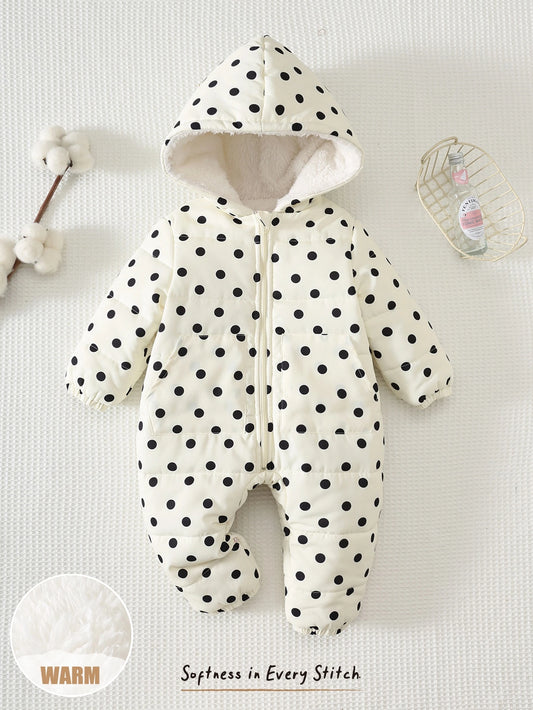 Polka Dot Pattern Thermal Lined Thick Hooded One-Piece Padded Coat