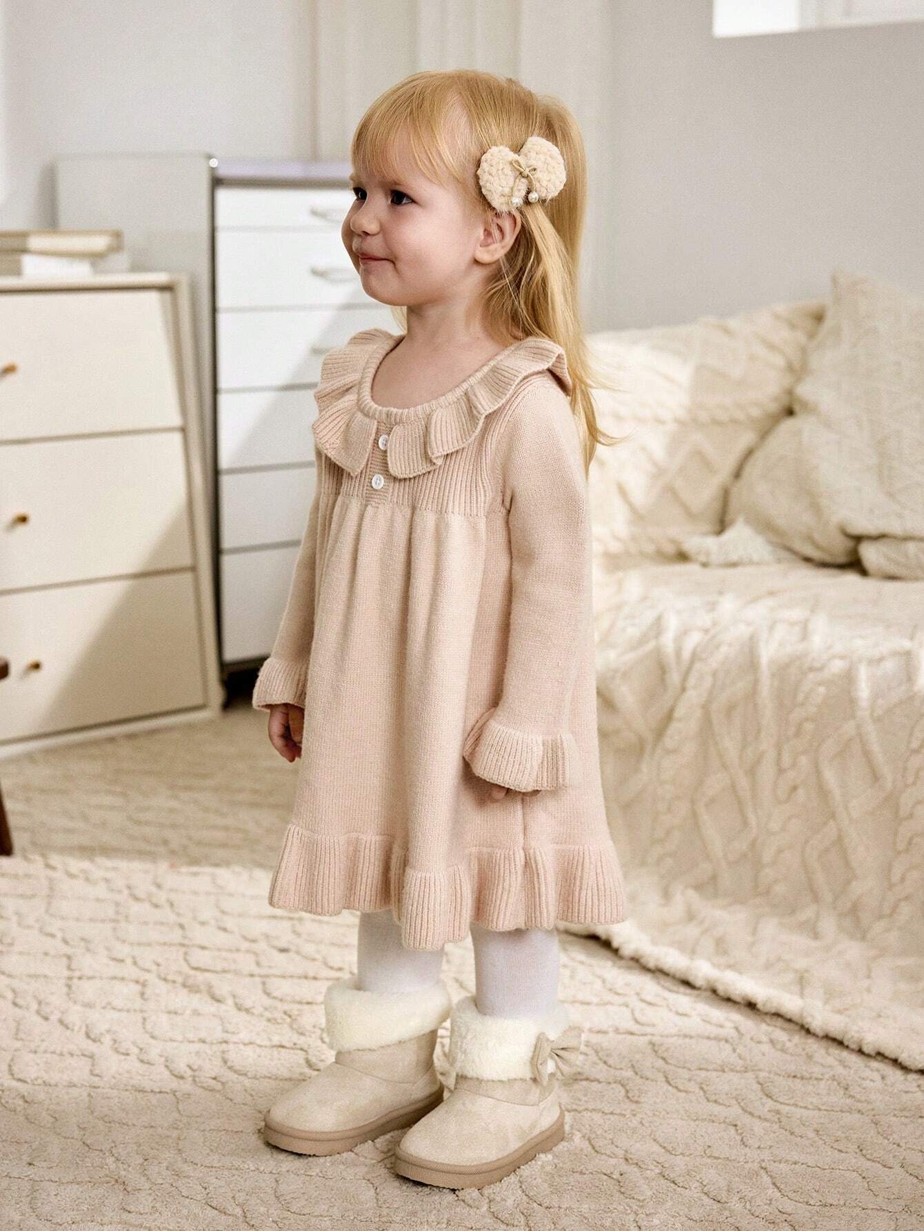 Girls' Fashionable Beige Fluffy Warm Casual Snow Boots
