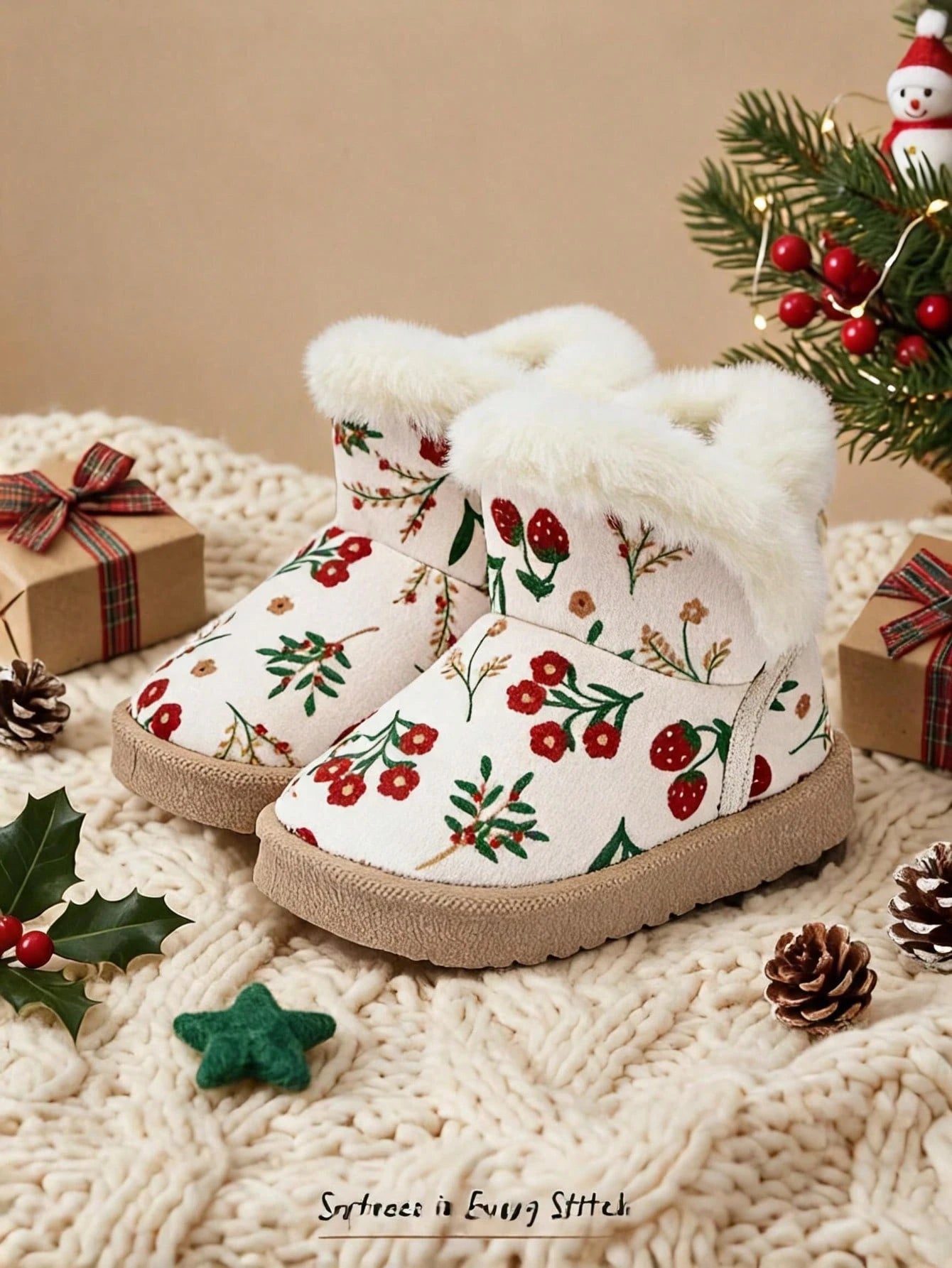 Little Flower Strawberry Cartoon Pattern Fluff Fashion Warm Comfortable Casual Snow Boots
