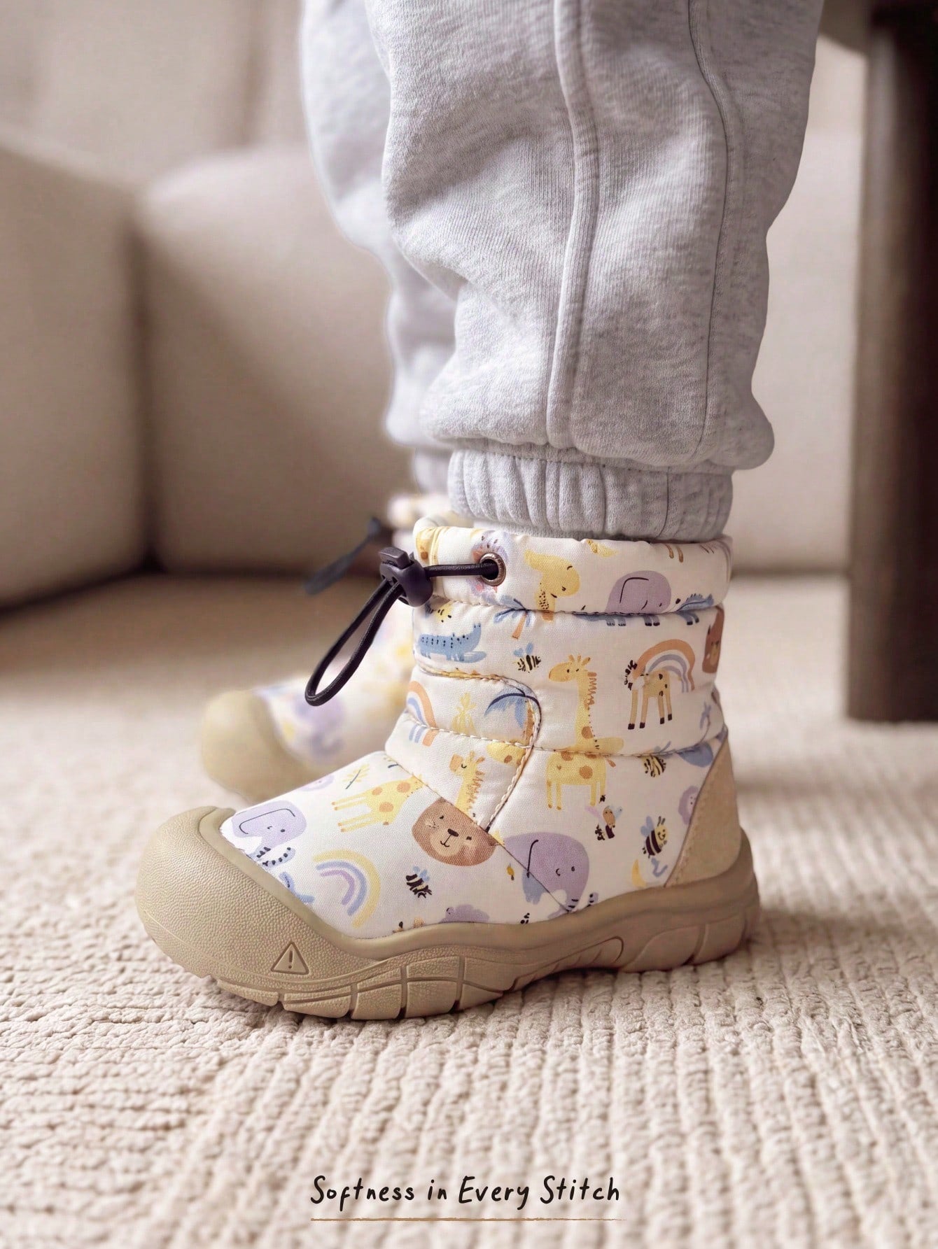 Animal Bear Giraffe Plush Lined Drawstring Warm Easy On Off Casual Snow Boots