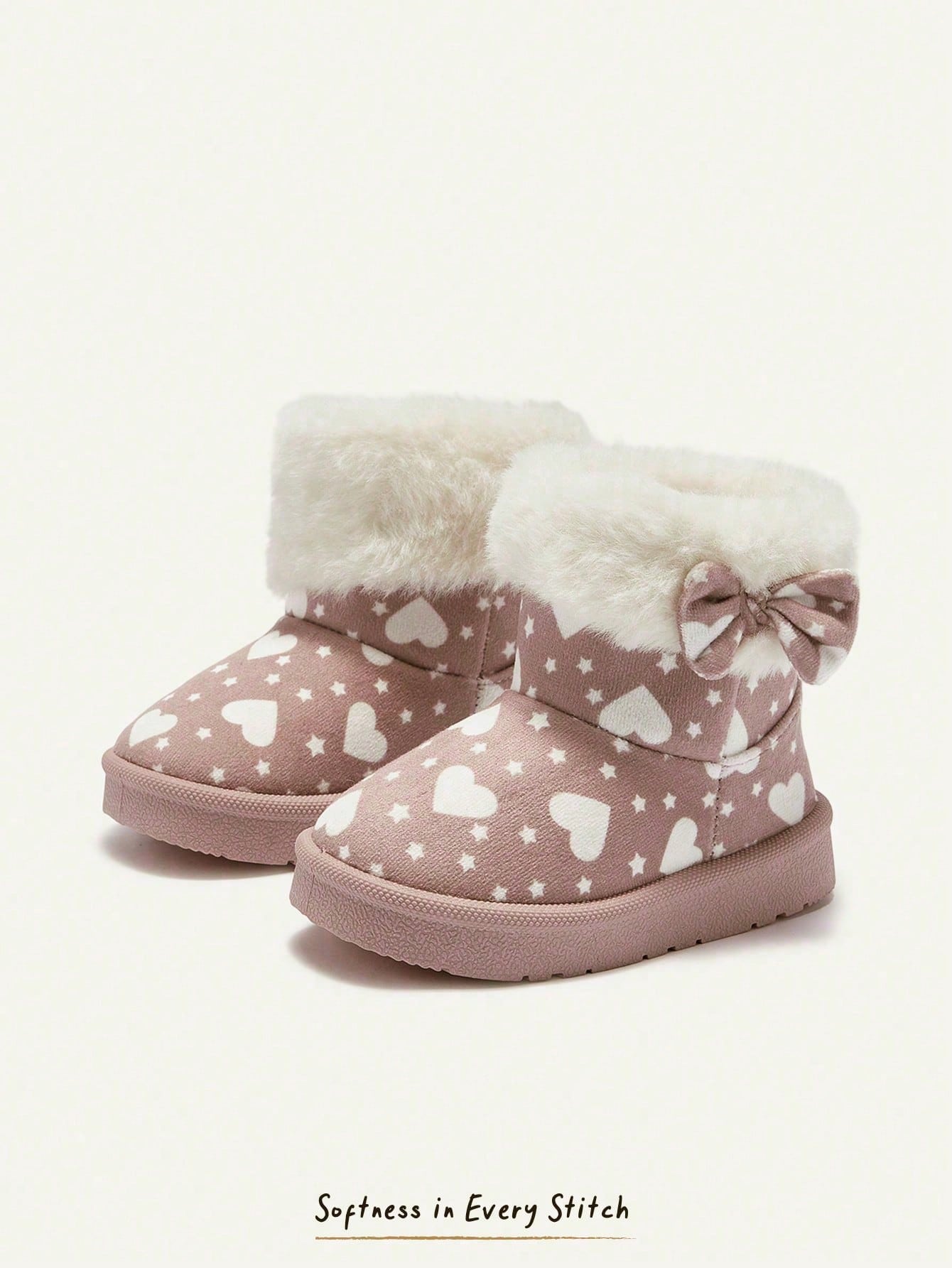 Pink Heart Star Pattern Bow Plush Trim Fleece Boot
