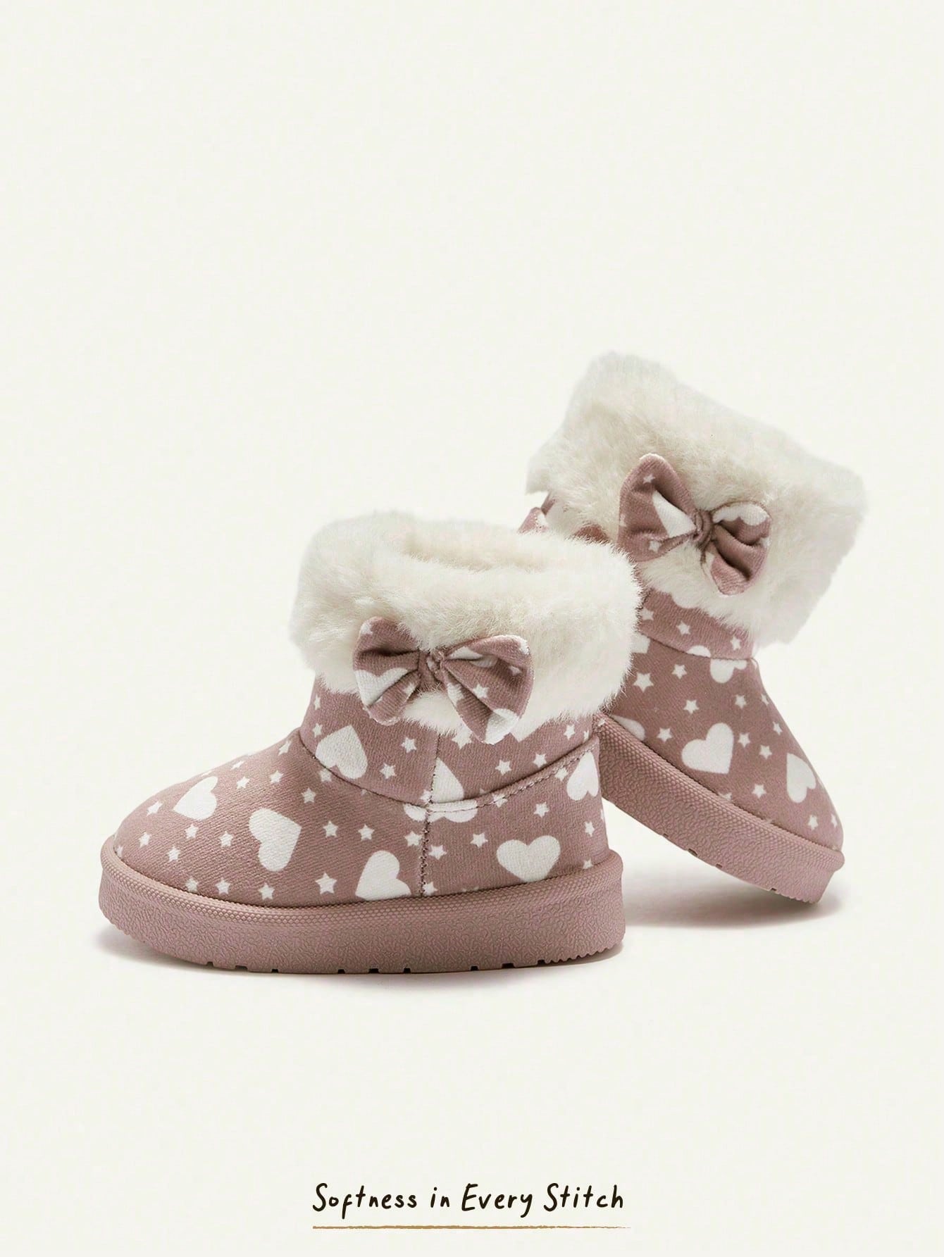 Pink Heart Star Pattern Bow Plush Trim Fleece Boot