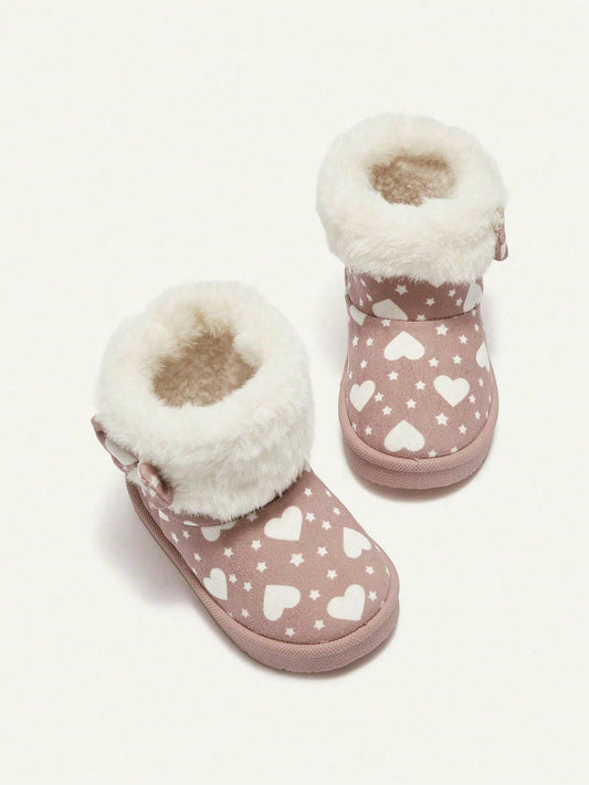 Pink Heart Star Pattern Bow Plush Trim Fleece Boot