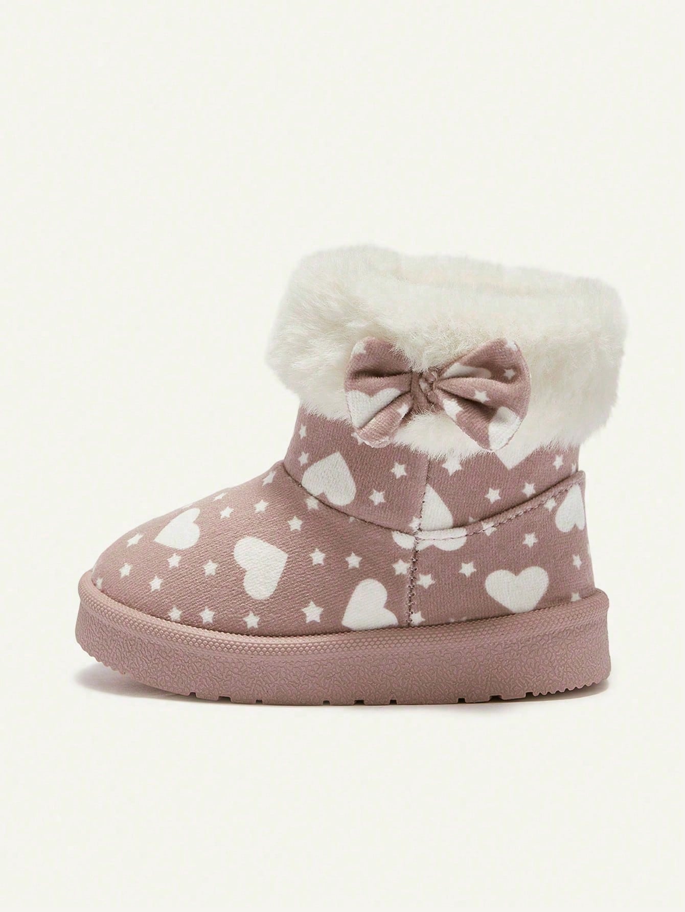 Pink Heart Star Pattern Bow Plush Trim Fleece Boot