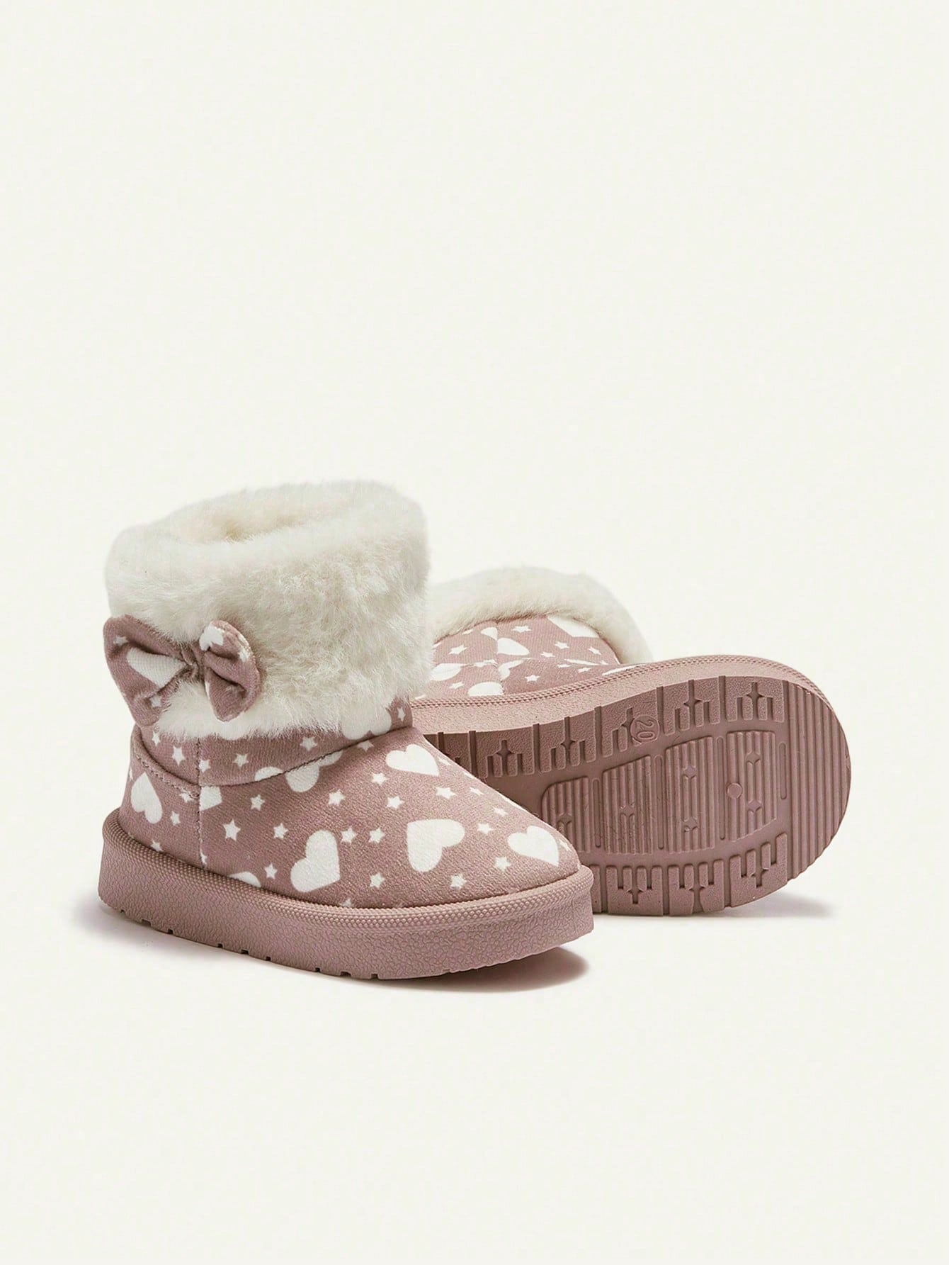 Pink Heart Star Pattern Bow Plush Trim Fleece Boot