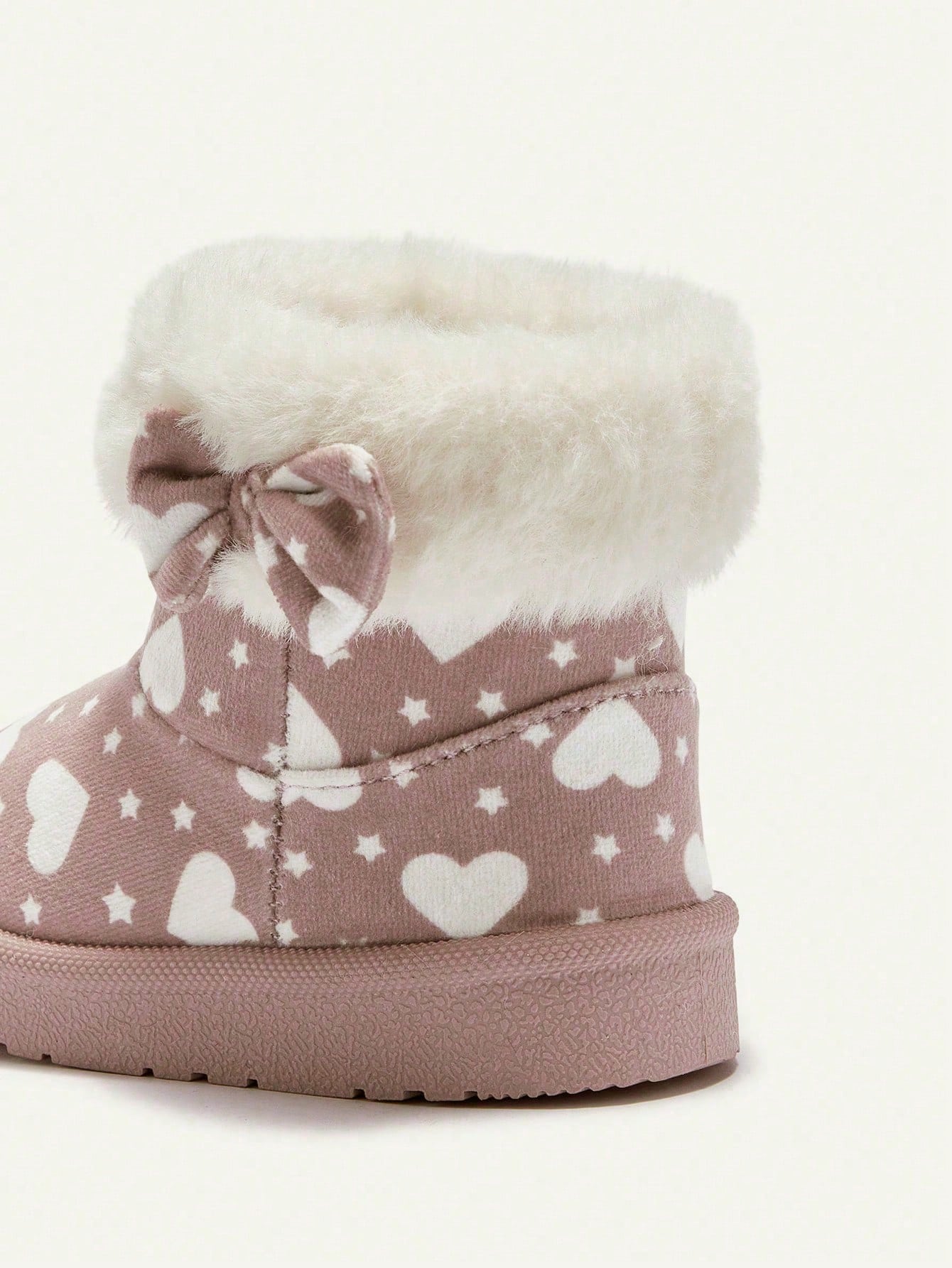Pink Heart Star Pattern Bow Plush Trim Fleece Boot