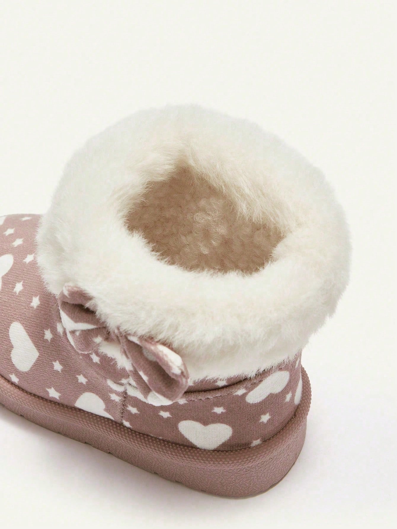 Pink Heart Star Pattern Bow Plush Trim Fleece Boot