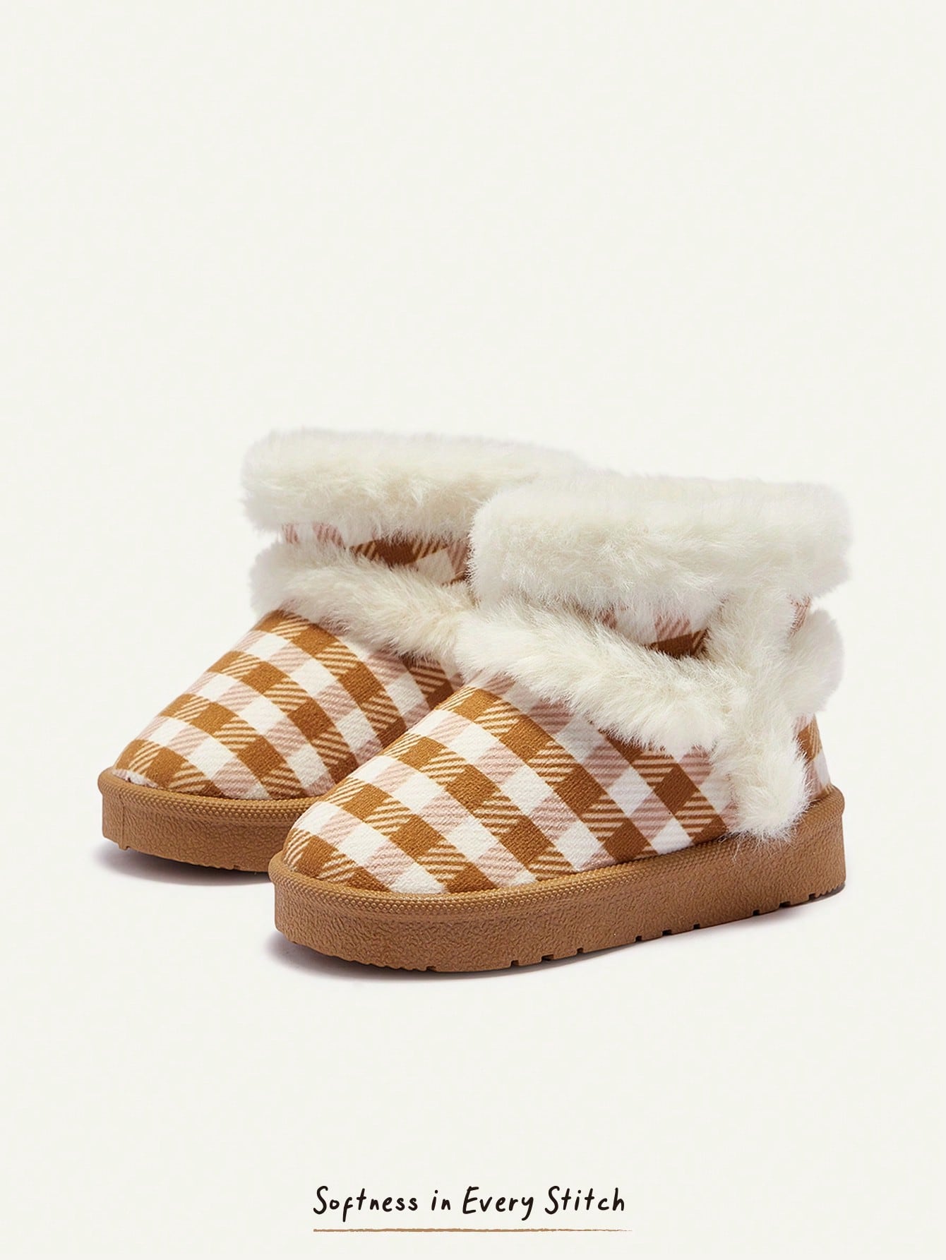Plaid Print Faux Fur Trim Fleece Lined Warm Round Toe Boots