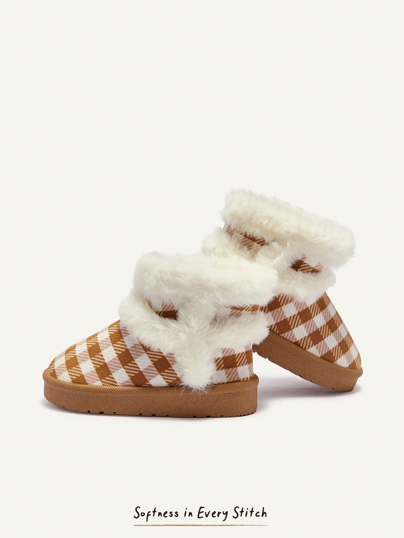 Plaid Print Faux Fur Trim Fleece Lined Warm Round Toe Boots