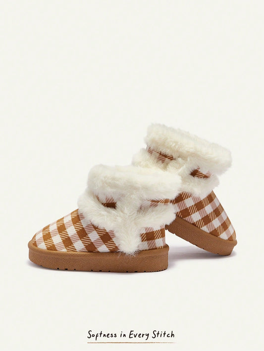Plaid Print Faux Fur Trim Fleece Lined Warm Round Toe Boots
