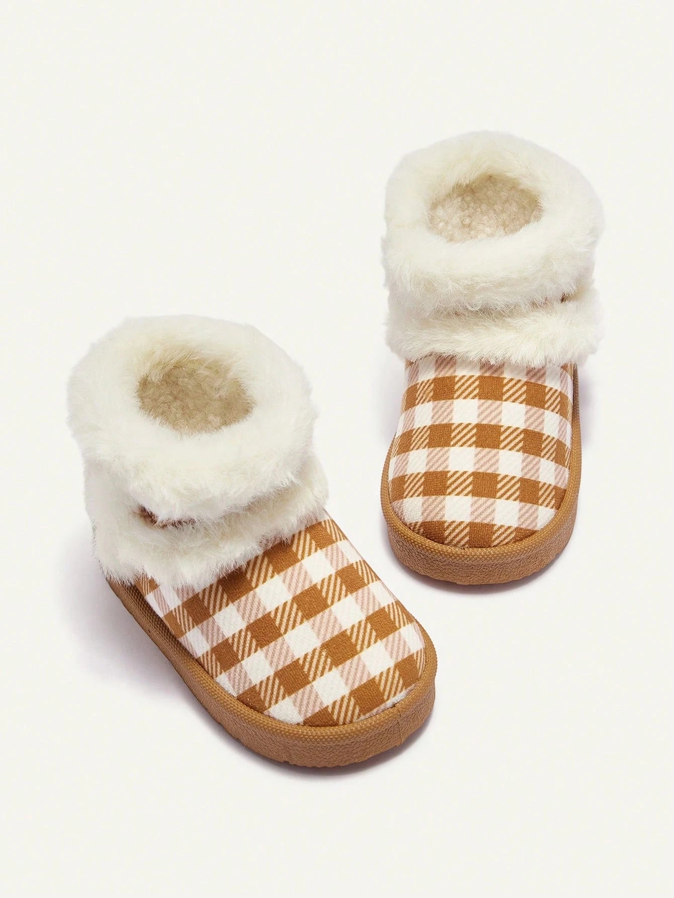 Plaid Print Faux Fur Trim Fleece Lined Warm Round Toe Boots