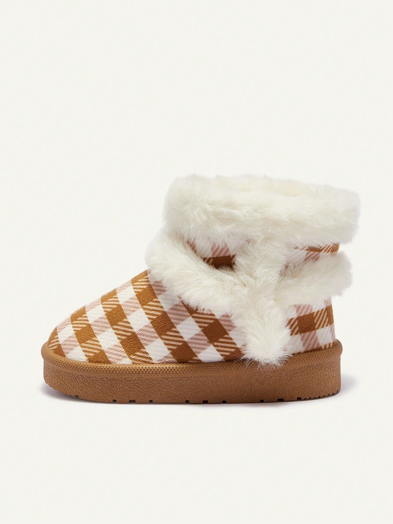 Plaid Print Faux Fur Trim Fleece Lined Warm Round Toe Boots