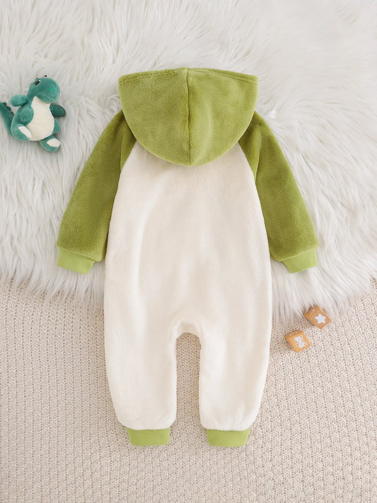 Patchwork Embroidery Contrast Color Hooded Fleece Romper