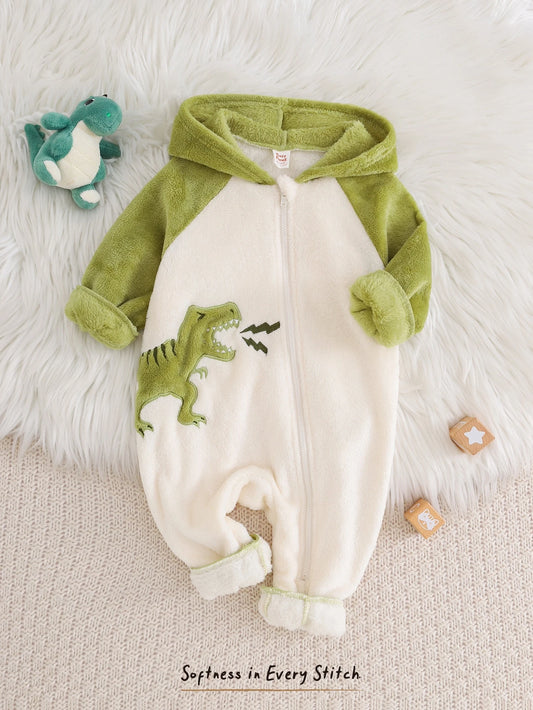 Patchwork Embroidery Contrast Color Hooded Fleece Romper