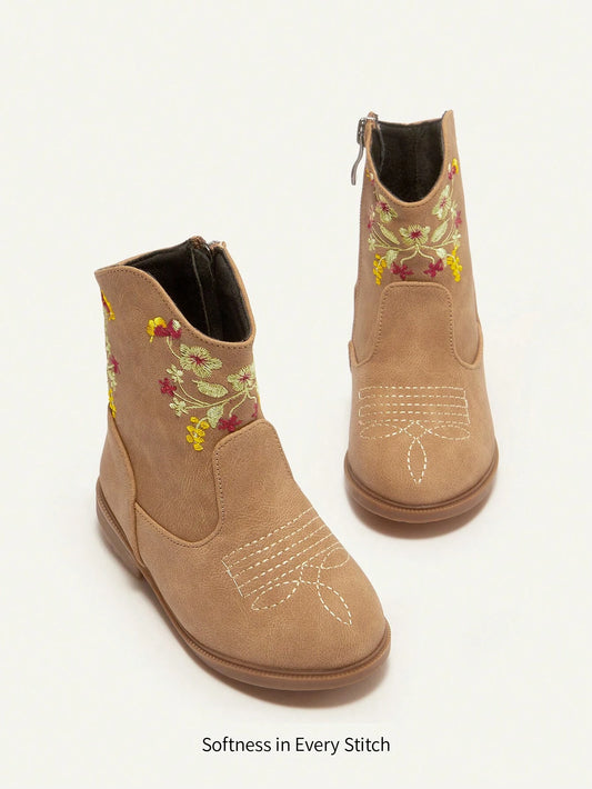 Comfortable Embroidery Breathable Flat Short Boots With Zipper Ginger