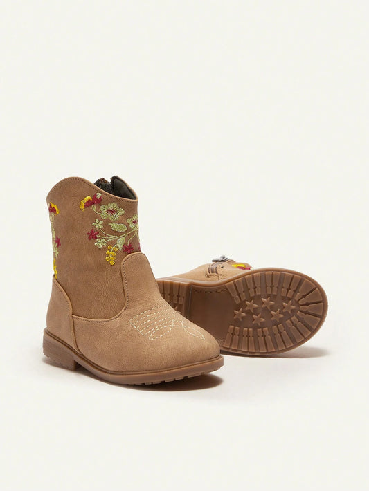 Comfortable Embroidery Breathable Flat Short Boots With Zipper