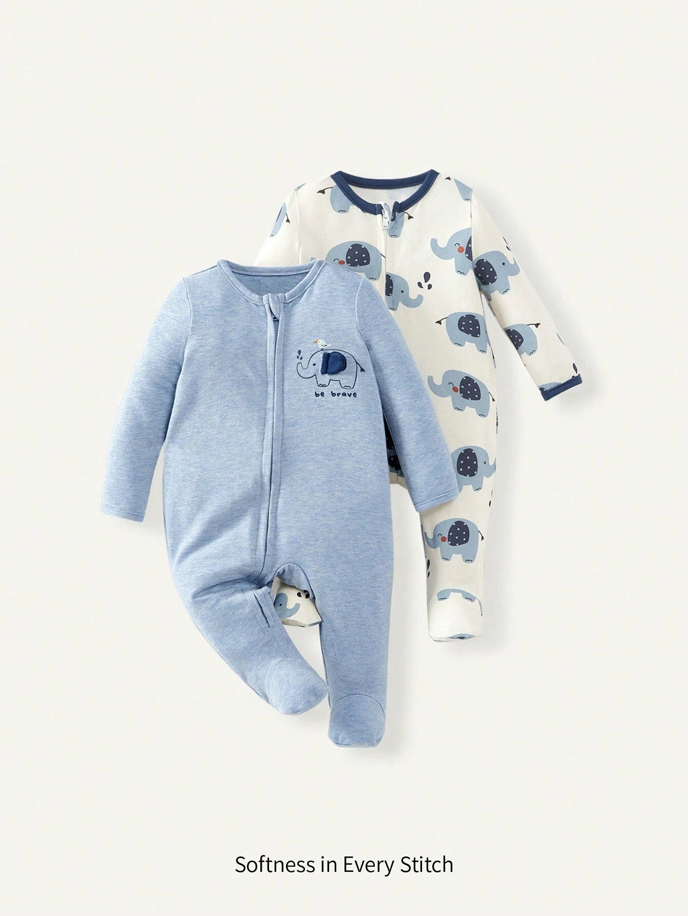 Cozy Pixies Newborn Baby Boy Cute Elephant Print Round Neck Long Sleeve Jumpsuit Set Blue