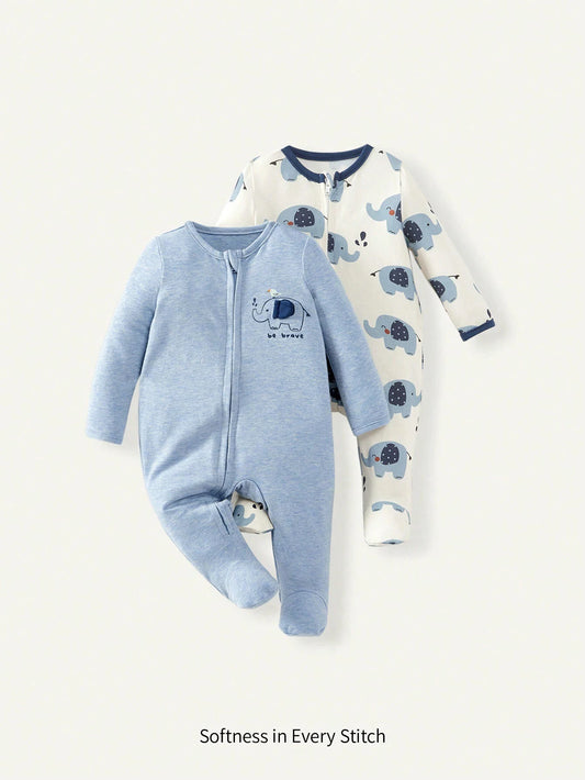Cozy Pixies Newborn Baby Boy Cute Elephant Print Round Neck Long Sleeve Jumpsuit Set Blue