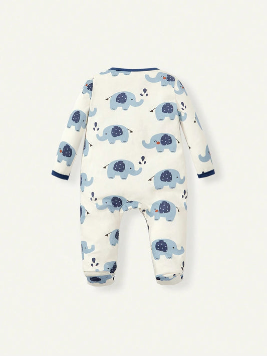 Cozy Pixies Newborn Baby Boy Cute Elephant Print Round Neck Long Sleeve Jumpsuit Set