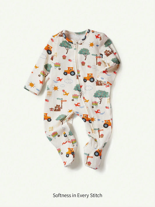 Cozy Pixies Newborn Baby Boy Knitted Soft Plant Pattern Round Neck Long Sleeve Footed Jumpsuit Pants Apricot