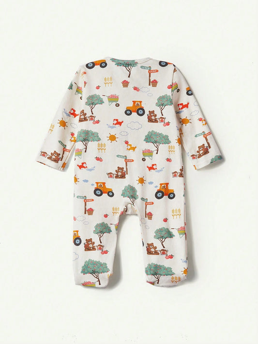 Cozy Pixies Newborn Baby Boy Knitted Soft Plant Pattern Round Neck Long Sleeve Footed Jumpsuit Pants