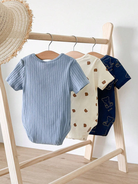 Cozy Pixies Newborn Baby Boy Panda Pattern Knitted Soft Round Neck Short Sleeve Bodysuit