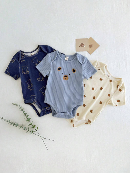 Cozy Pixies Newborn Baby Boy Panda Pattern Knitted Soft Round Neck Short Sleeve Bodysuit Blue