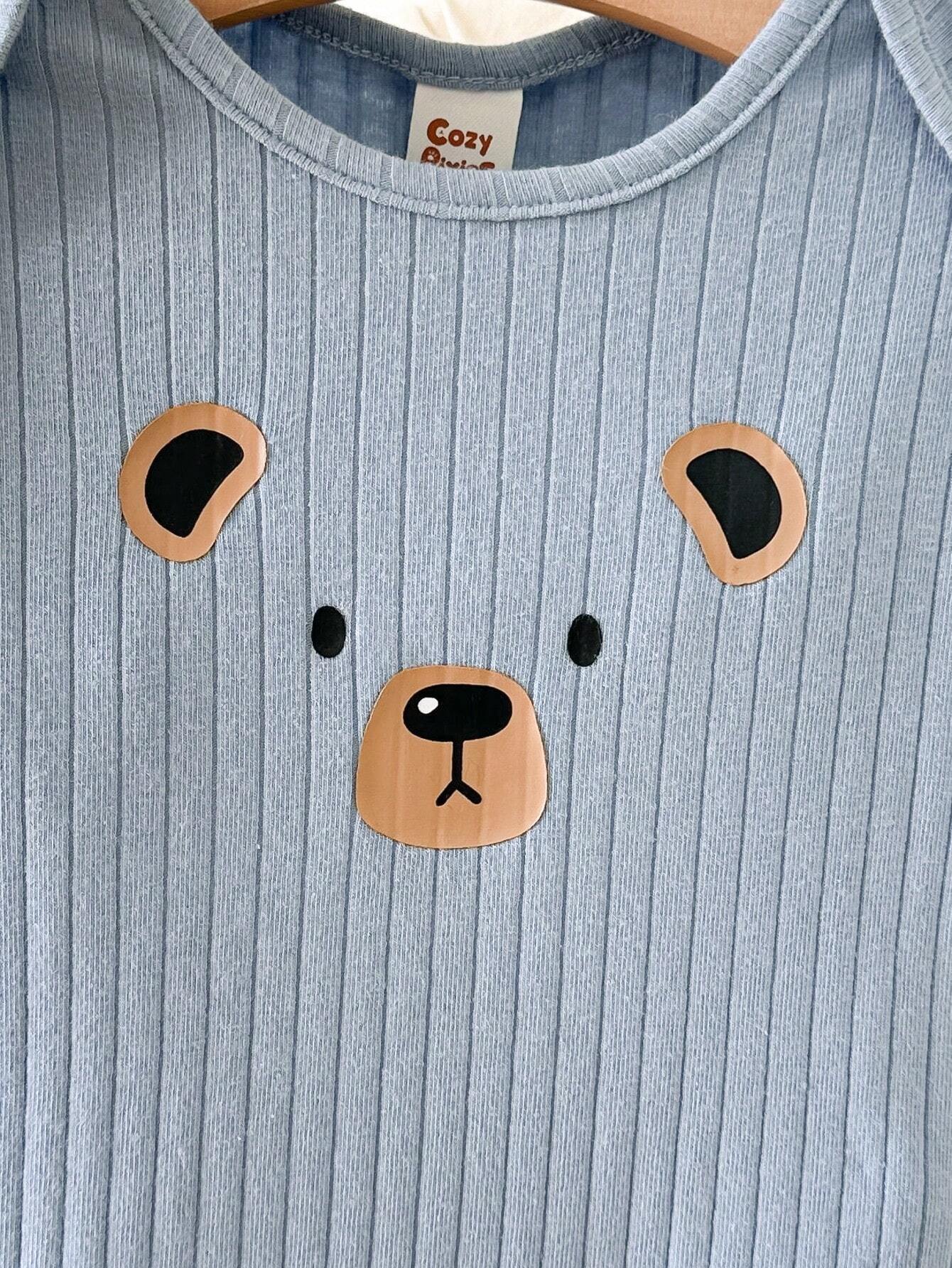 Baby Boy Panda Pattern Knitted Round Neck Bodysuit Set Of 3