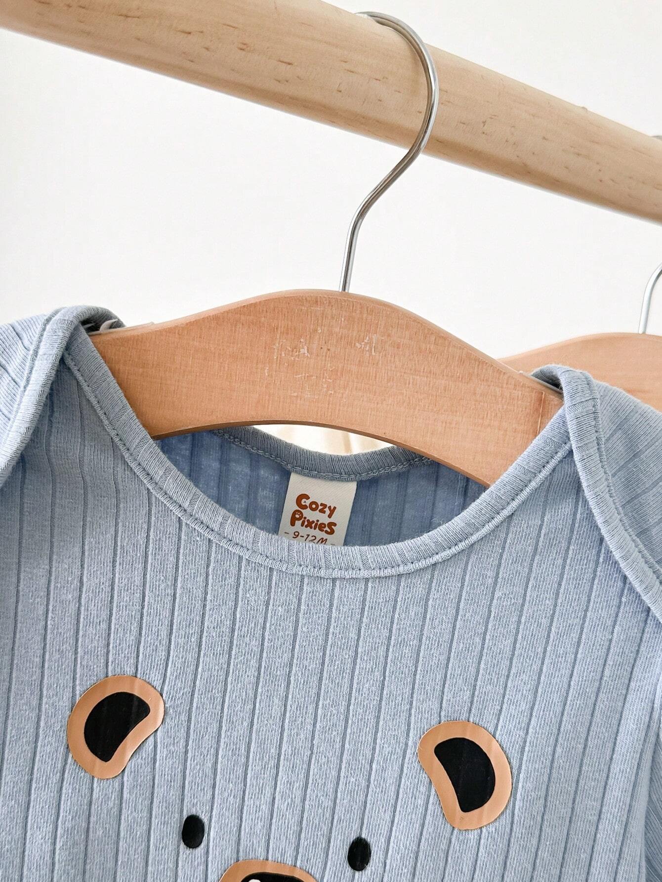 Cozy Pixies Newborn Baby Boy Panda Pattern Knitted Soft Round Neck Short Sleeve Bodysuit