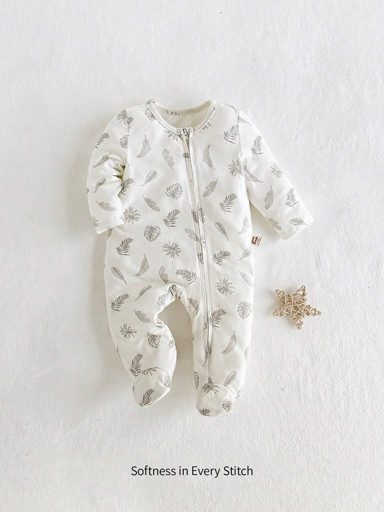 Newborn Baby Boys' & Girls' Colorful Apricot Contrast Color Knitted Footed Romper With Plant & Floral Apricot