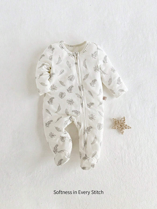 Newborn Baby Boys' & Girls' Colorful Apricot Contrast Color Knitted Footed Romper With Plant & Floral Apricot