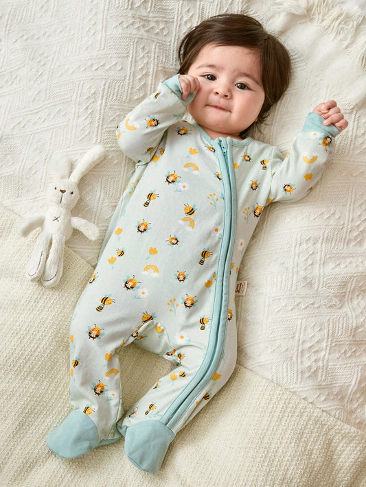 Cozy Pixies Newborn Baby Girl Cartoon Bee & Flower Pattern Knitted Soft Colorblock Crew Neck Long Sleeve Romper Green