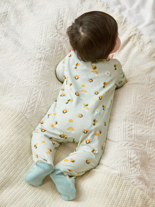 Cozy Pixies Newborn Baby Girl Cartoon Bee & Flower Pattern Knitted Soft Colorblock Crew Neck Long Sleeve Romper