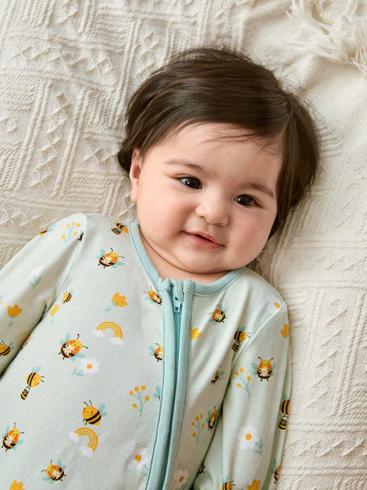 Newborn Baby Girl Cartoon Bee & Flower Pattern Knitted Soft Colorblock Crew Neck-S