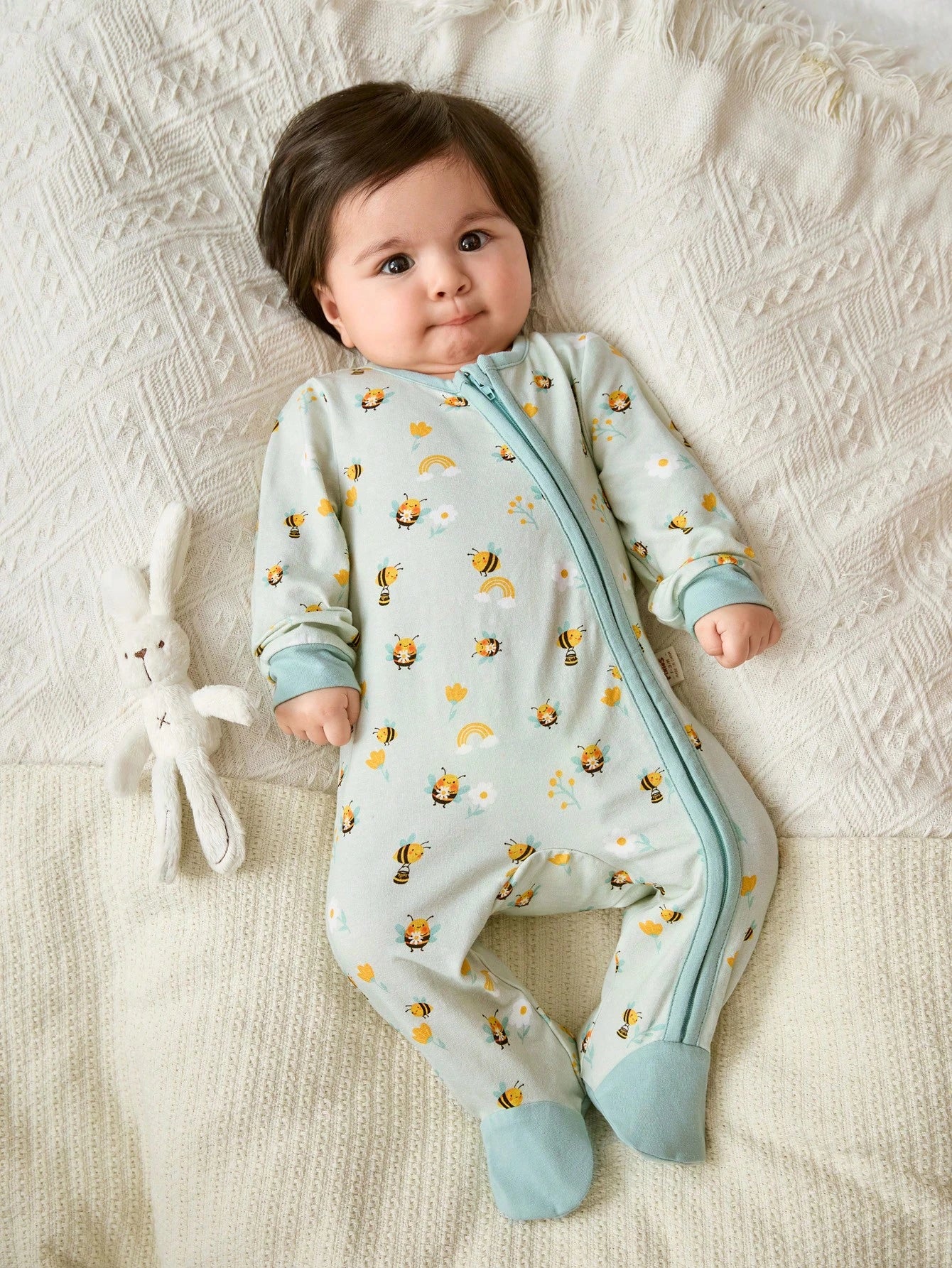 Cozy Pixies Newborn Baby Girl Cartoon Bee & Flower Pattern Knitted Soft Colorblock Crew Neck Long Sleeve Romper
