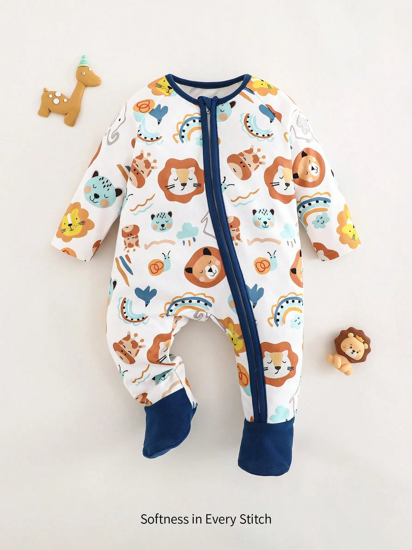 Cozy Pixies Newborn Baby Girl Cartoon Lion Print Knit Soft Round Neck Long Sleeve Romper With Pants Blue