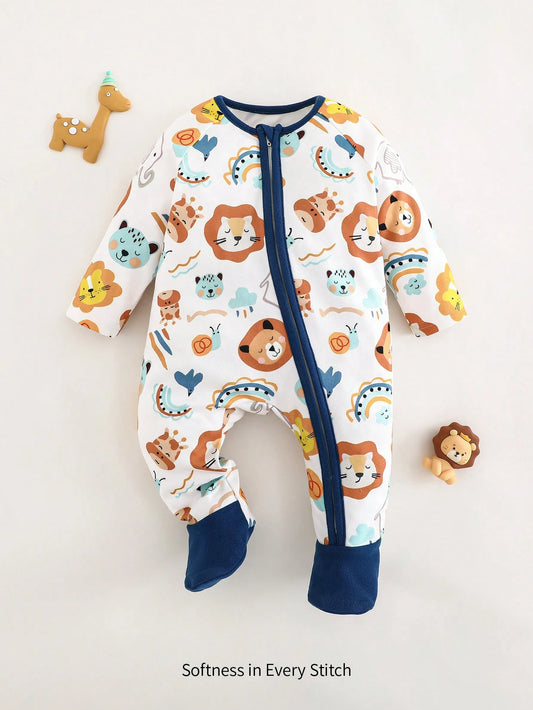 Cozy Pixies Newborn Baby Girl Cartoon Lion Print Knit Soft Round Neck Long Sleeve Romper With Pants Blue