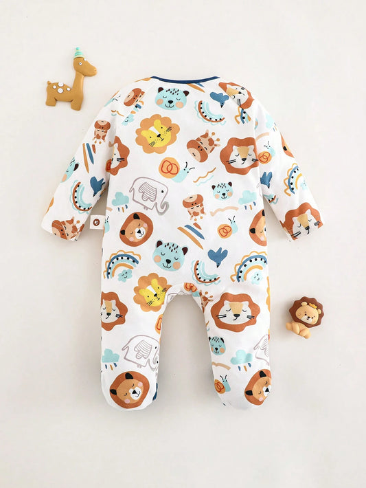 Cozy Pixies Newborn Baby Girl Cartoon Lion Print Knit Soft Round Neck Long Sleeve Romper With Pants