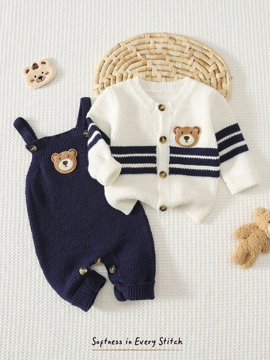 Floral Pattern Knit Cardigan & Suspender Romper Set