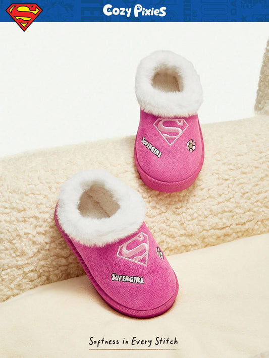 1 Pair Girl's Pink Cartoon Design Warm Thermal Lined Slip-On Casual Low-Top Slippers Hot Pink